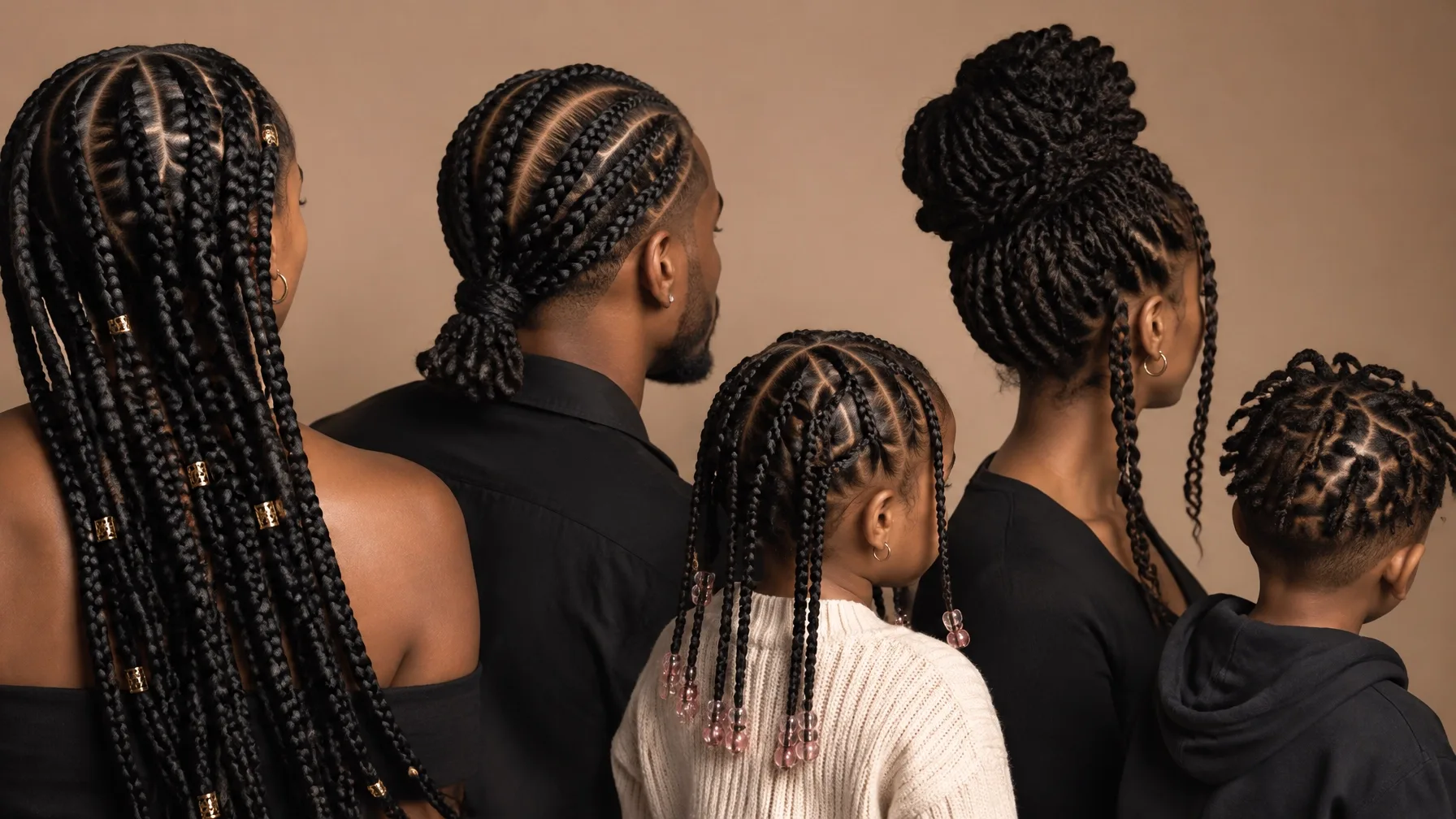 People wearing detailed braided and twisted hairstyles